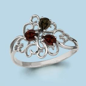 Серебряное кольцо AQUAMARINE А6555636 с гранатом и раухтопазом А6555636 фото