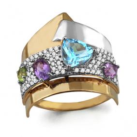 Кольцо из золочёного серебра AQUAMARINE А6555805А-пк с топазом, фианитом, аметистом и хризолитом А6555805А-пк фото