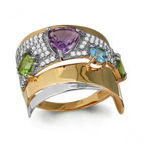 Кольцо из золочёного серебра AQUAMARINE А6556704А-пк с топазом, фианитом, аметистом и хризолитом А6556704А-пк фото