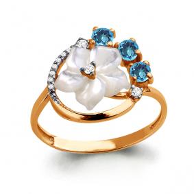 Кольцо из золочёного серебра AQUAMARINE А6570705А-п с топазом, фианитом и перламутром А6570705А-п фото