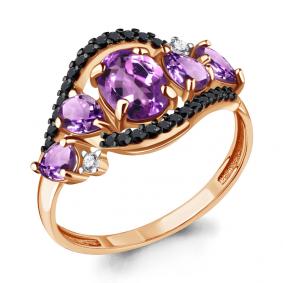 Кольцо из золочёного серебра AQUAMARINE А6574504Ч-п с фианитом, аметистом и ювелирным кристаллом А6574504Ч-п фото