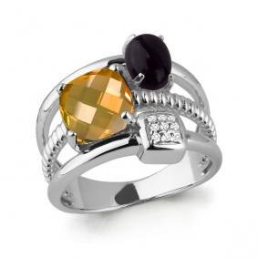 Серебряное кольцо AQUAMARINE А6577672А с фианитом, цитрином и ониксом А6577672А фото