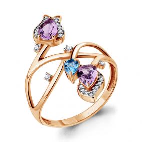 Кольцо из золочёного серебра AQUAMARINE А6588330А-п с топазом, фианитом, аметистом и миксом камней А6588330А-п фото