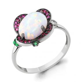 Серебряное кольцо AQUAMARINE А6598598ВГ с фианитом, опалом, гидротермальным изумрудом и ювелирным кристаллом А6598598ВГ фото