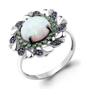 Серебряное кольцо AQUAMARINE А6598998БГ с фианитом, опалом, гидротермальным сапфиром, гидротермальным изумрудом и шпинелью А6598998БГ фото