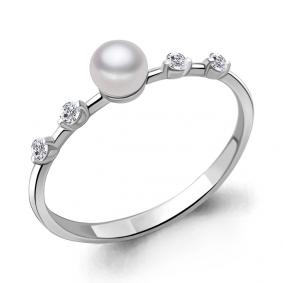Серебряное кольцо AQUAMARINE А67340А с фианитом и жемчугом А67340А фото
