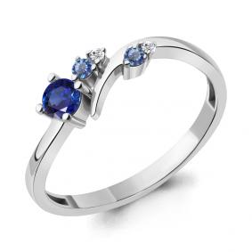 Серебряное кольцо AQUAMARINE А67419АБ с фианитом и гидротермальным сапфиром А67419АБ фото
