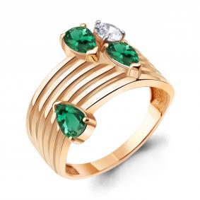 Кольцо из золочёного серебра AQUAMARINE А67427АГ-п с фианитом и гидротермальным изумрудом А67427АГ-п фото