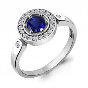 Серебряное кольцо AQUAMARINE А68743АБ с фианитом и гидротермальным сапфиром А68743АБ фото
