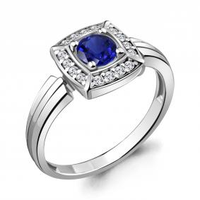 Серебряное кольцо AQUAMARINE А68745АБ с фианитом и гидротермальным сапфиром А68745АБ фото