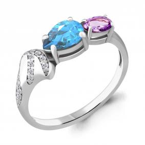 Серебряное кольцо AQUAMARINE А6903930А с топазом, фианитом и аметистом А6903930А фото