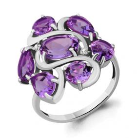 Серебряное кольцо AQUAMARINE А6904804 с фианитом и аметистом А6904804 фото