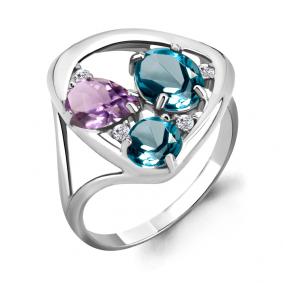 Серебряное кольцо AQUAMARINE А6905432 с фианитом, аметистом и Лондон топазом А6905432 фото