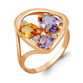 Кольцо из золочёного серебра AQUAMARINE А6905475-п с фианитом, аметистом, цитрином и миксом камней А6905475-п фото