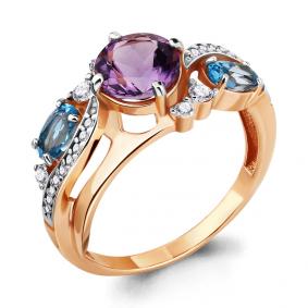 Кольцо из золочёного серебра AQUAMARINE А6906930А-п с топазом, фианитом и аметистом А6906930А-п фото