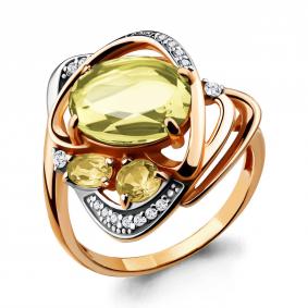 Кольцо из золочёного серебра AQUAMARINE А6907580А-пк с фианитом, цитрином и кварцем А6907580А-пк фото