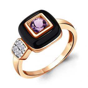 Кольцо из золочёного серебра AQUAMARINE А6911204А-пк с фианитом, аметистом и керамикой А6911204А-пк фото