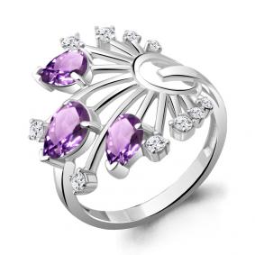 Серебряное кольцо AQUAMARINE А6951304А с фианитом и аметистом А6951304А фото