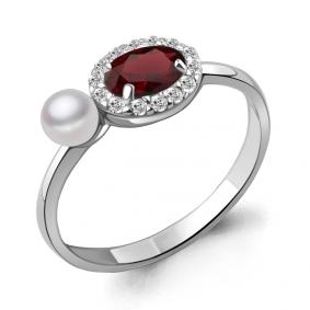 Серебряное кольцо AQUAMARINE А6962103А с фианитом, гранатом и жемчугом А6962103А фото