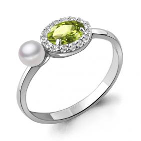 Серебряное кольцо AQUAMARINE А6962107А с фианитом, хризолитом и жемчугом А6962107А фото