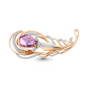 Брошь из золочёного серебра AQUAMARINE А7261304А-п с фианитом и аметистом А7261304А-п фото