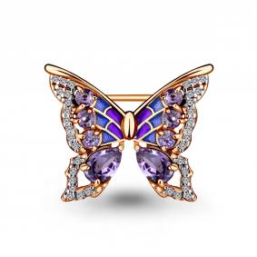 Брошь из золочёного серебра AQUAMARINE А7267104А-п с фианитом, аметистом и эмалью А7267104А-п фото