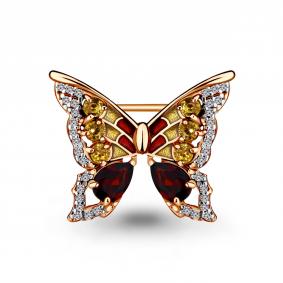 Брошь из золочёного серебра AQUAMARINE А7267134А-п с фианитом, цитрином, гранатом и эмалью А7267134А-п фото