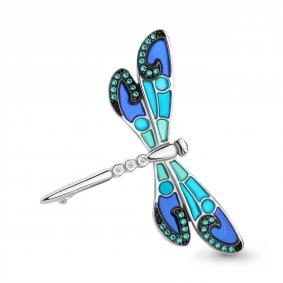 Серебряная брошь AQUAMARINE с витражной эмалью,гидротермальным изумрудом и фианитом А72793АГ А72793АГ фото