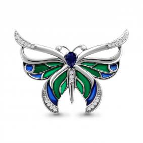Серебряная брошь AQUAMARINE с витражной эмалью,фианитом и гидротермальным сапфиром А77303Б А77303Б фото