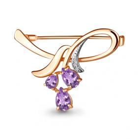 Брошь из золочёного серебра AQUAMARINE А7730604А-п с фианитом и аметистом А7730604А-п фото