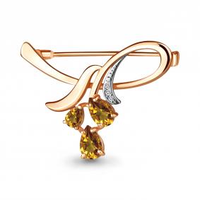 Брошь из золочёного серебра AQUAMARINE А7730606А-пк с фианитом и цитрином А7730606А-пк фото