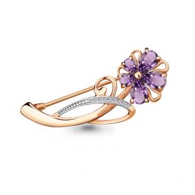 Брошь из золочёного серебра AQUAMARINE А7730804А-п с фианитом и аметистом А7730804А-п фото