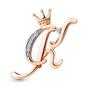 Брошь из золочёного серебра буква К AQUAMARINE с фианитом А77334А-п А77334А-п фото