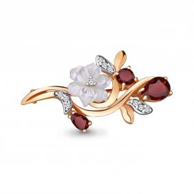 Брошь из золочёного серебра AQUAMARINE А7735403А-п с фианитом, гранатом и перламутром А7735403А-п фото