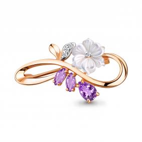 Брошь из золочёного серебра AQUAMARINE А7735504А-пк с фианитом, аметистом и перламутром А7735504А-пк фото