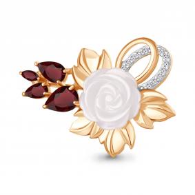 Брошь из золочёного серебра AQUAMARINE А7746503А-п с фианитом, гранатом и перламутром А7746503А-п фото