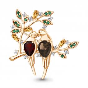 Брошь из золочёного серебра AQUAMARINE А7751447Е-п с фианитом, цитрином, гранатом, кварцем и гидротермальным изумрудом А7751447Е-п фото