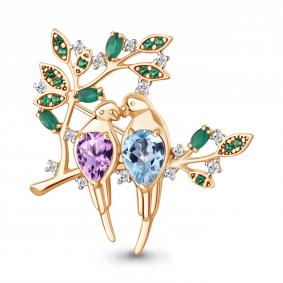Брошь из золочёного серебра AQUAMARINE А77514539Г-п с топазом, фианитом, аметистом, агатом и гидротермальным изумрудом А77514539Г-п фото
