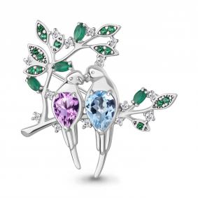 Серебряная брошь AQUAMARINE А77514539Г с топазом, фианитом, аметистом, агатом и гидротермальным изумрудом А77514539Г фото