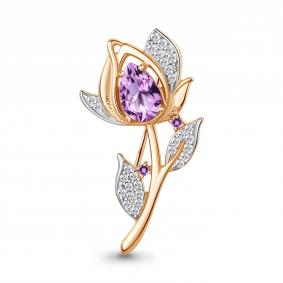 Брошь из золочёного серебра AQUAMARINE А7751804А-пк с фианитом и аметистом А7751804А-пк фото