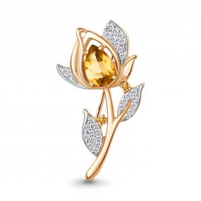 Брошь из золочёного серебра AQUAMARINE А7751806А-пк с фианитом и цитрином А7751806А-пк фото