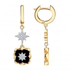 Золотые серьги BERGER Б120475 с фианитом и ониксом Б120475 фото
