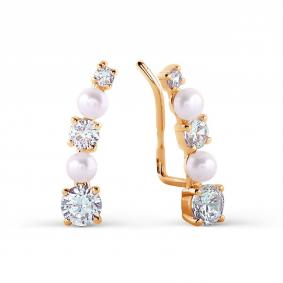 Золотые серьги Karatov Т108027491 с фианитом и жемчугом Т108027491 фото
