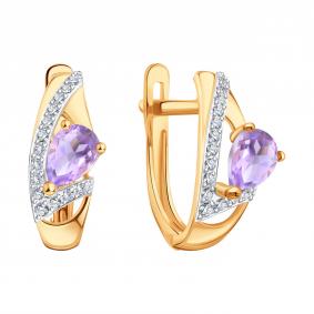 Золотые серьги Karatov Т14702Е394 с фианитом и аметистом Т14702Е394 фото