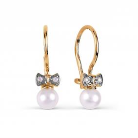 Золотые серьги Karatov Т148027378 с фианитом и жемчугом Т148027378 фото