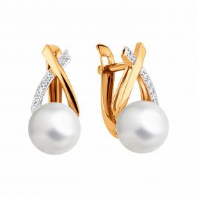Золотые серьги Karatov Т14802Е695 с фианитом и жемчугом Т14802Е695 фото