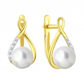 Серьги из лимонного золота Karatov Т94402В804 с бриллиантом и жемчугом Т94402В804 фото