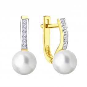 Серьги из лимонного золота Karatov Т94402В805 с бриллиантом и жемчугом Т94402В805 фото