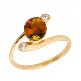 Кольцо из золочёного серебра Янтарная волна Я820095п-ск с фианитом и янтарём Я820095п-ск фото