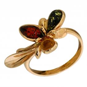 Кольцо из золочёного серебра Янтарная волна Я820102п-микс с янтарём Я820102п-микс фото